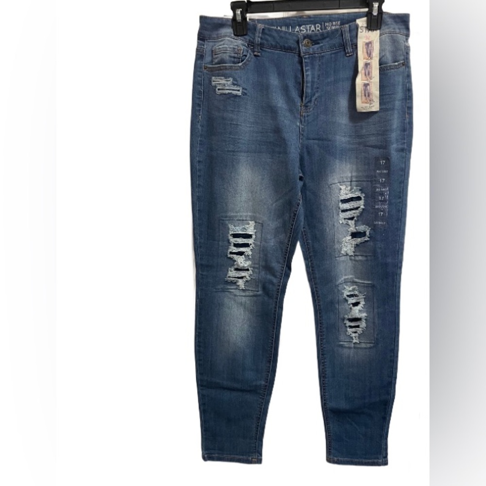 Vanilla Star Women's Skinny Mid rise Jeans - Distressed Blue